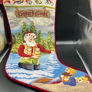 Vintage Santa & Elf “Gone Fishing”Needlepoint Christmas Stocking Fireplace deco